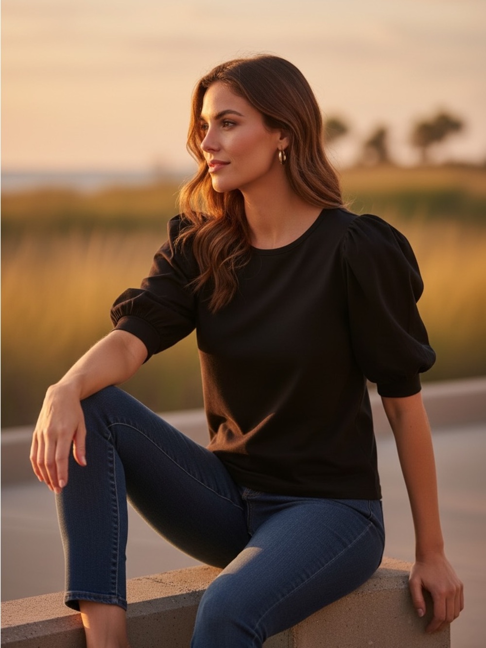 a new day Black Puff Sleeve Crewneck Tee